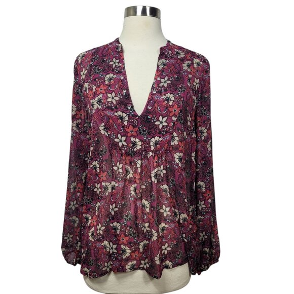 Hollister Floral Sheer Chiffon Boho Blouse Size Small Long Sleeve Peasant Top - Picture 1 of 8